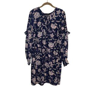 Eloquii Navy Blue & Lavender Flowy Floral Print Long Sleeve Ruffle Dress - 14